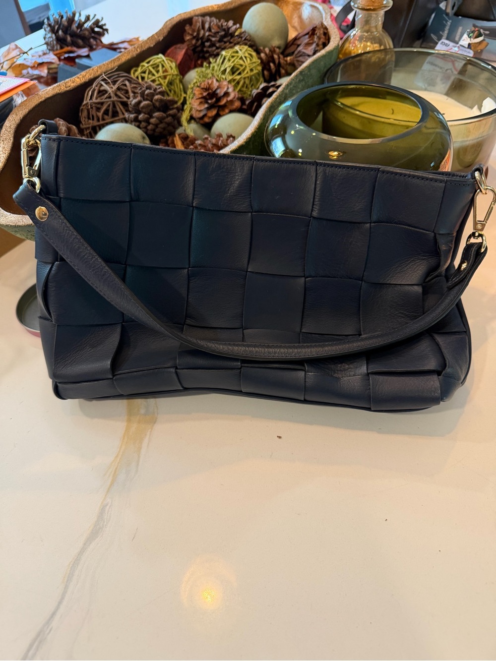 Woven Italian Leather Shoulder Bag in Dark Navy NWOT
